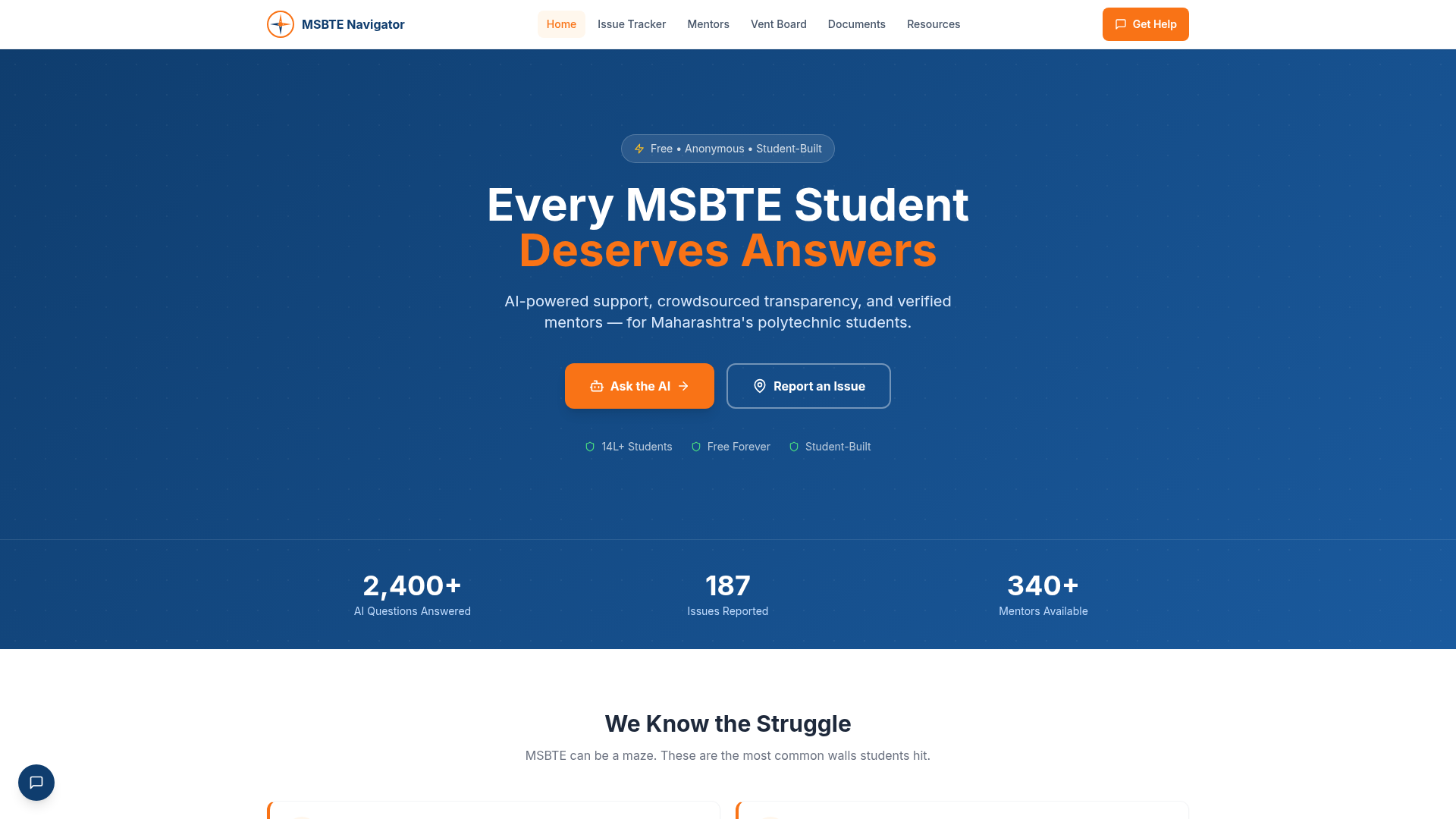 MSBTE Navigator landing page for diploma students